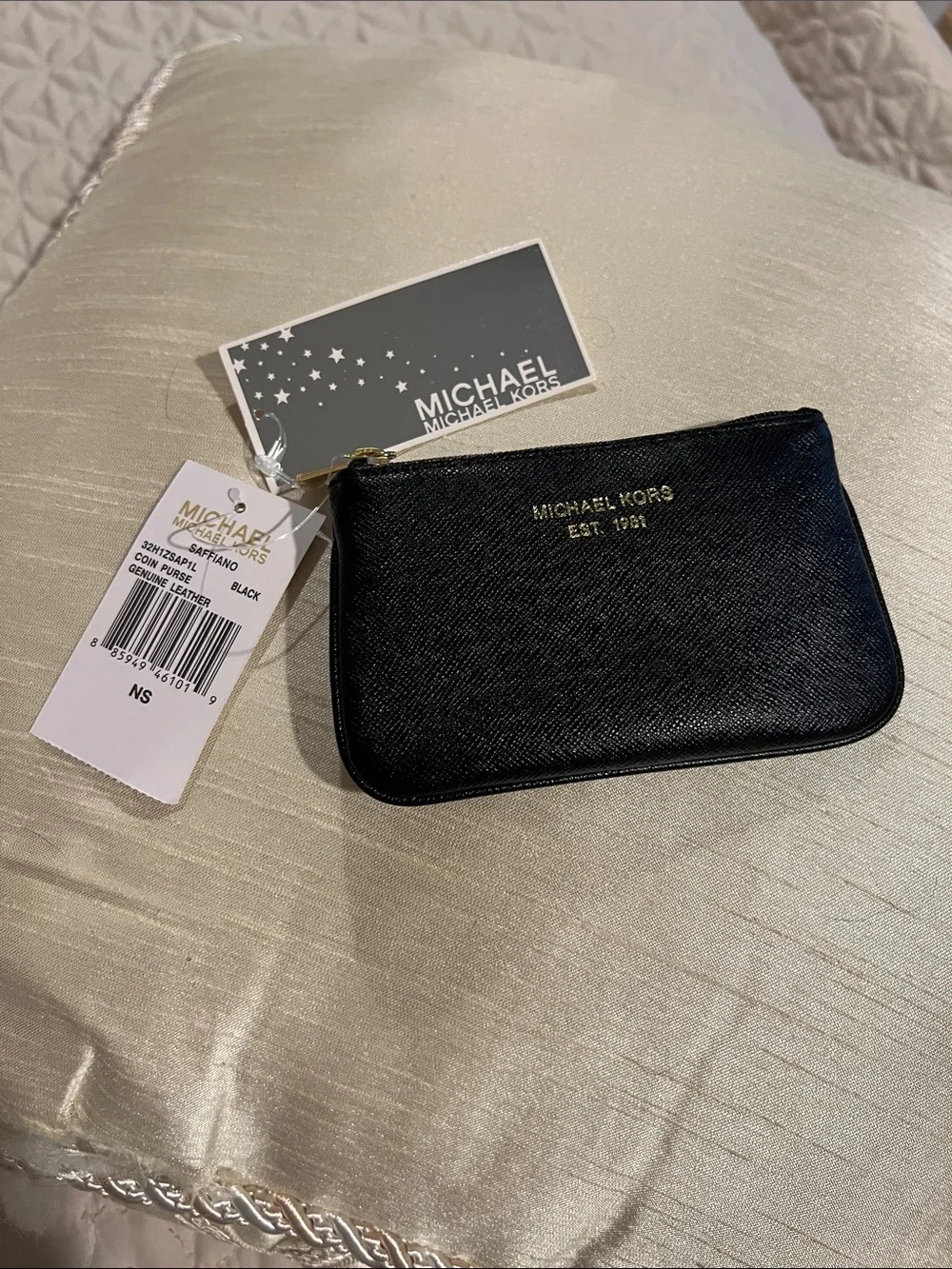 Michael Kors Black Saffiano Leather Zip Coin Pouch with Gold Logo